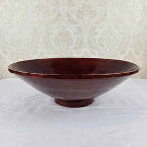 Large Round Red Black Striped Bamboo Bowl Polished Made In Vietnam